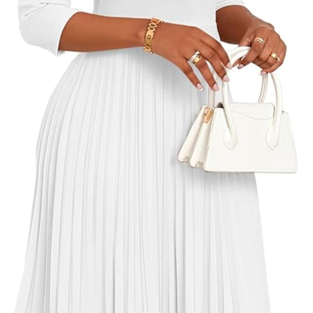 Midi Dresses for Women Casual Wrap Flared Pleated Dress A Line 3/4 Sleeve V Neck - Picture 5 of 6